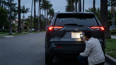 A police car with flashing lights pulls over a car rental on a sunny California highway