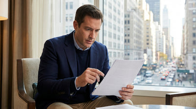 A person carefully reading a car rental agreement in a vehicle parked on a bustling New York street