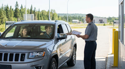 A red car hire driving on a scenic highway through the mountains of upstate New York on a sunny day