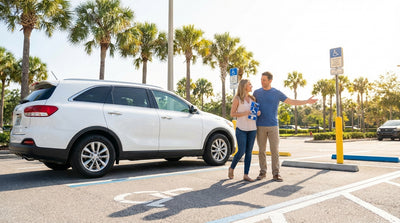 A disabled parking bay sign in a sunny Orlando theme park with a family's car hire parked in the space