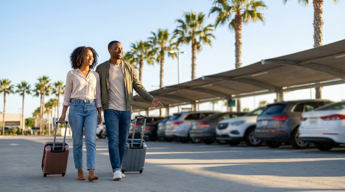 A sunny view of the car rental pickup area at Hollywood Burbank Airport in Los Angeles
