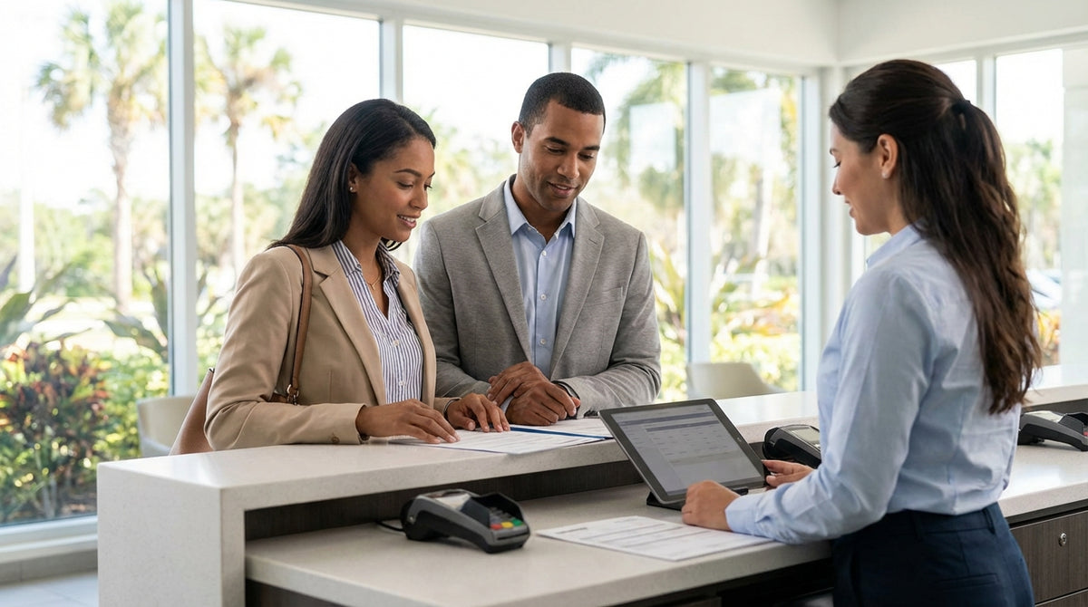 A woman stands by her car hire in a sunny Florida airport lot with palm trees in the background