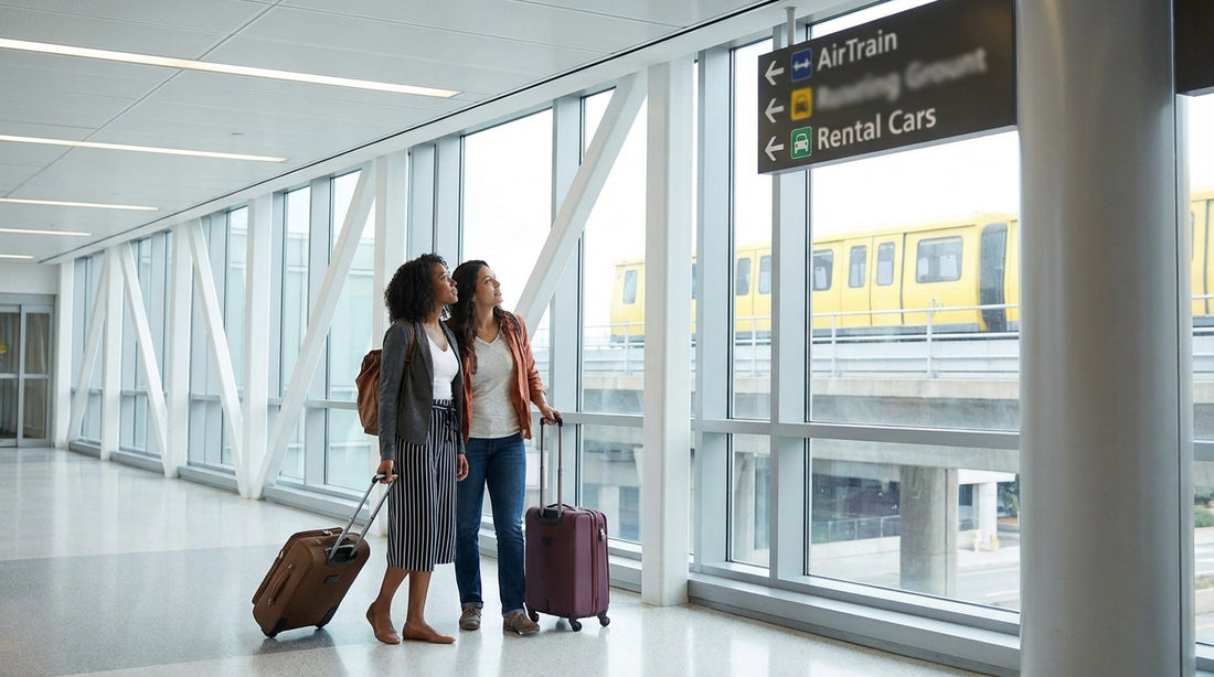 A sign inside JFK Airport in New York directing travelers to the AirTrain for car rental services