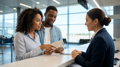 A red car hire convertible driving over the Brooklyn Bridge towards the New York City skyline