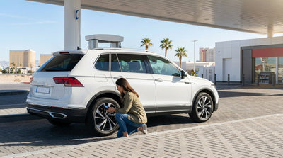 A person inspecting a flat tire on their white car hire on a street in sunny Las Vegas