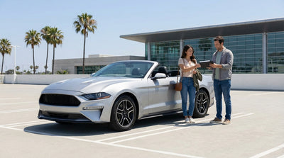 A convertible car rental driving on a scenic, winding coastal highway in California overlooking the ocean