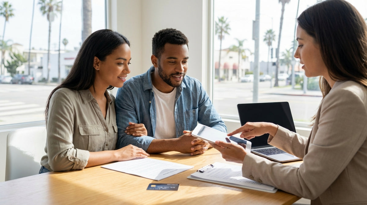 A red convertible car hire on a scenic coastal road in California overlooking the Pacific Ocean at sunset