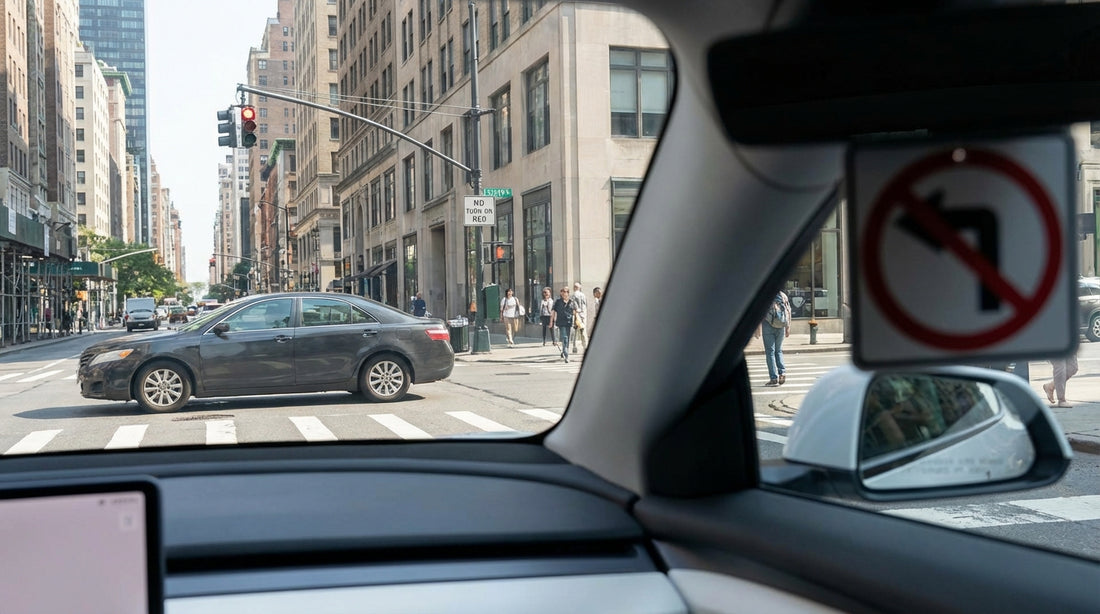 A car hire vehicle waiting at a red traffic light on a busy street corner in New York City