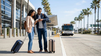 Travelers with luggage wait for a car rental shuttle bus outside a busy Los Angeles airport terminal