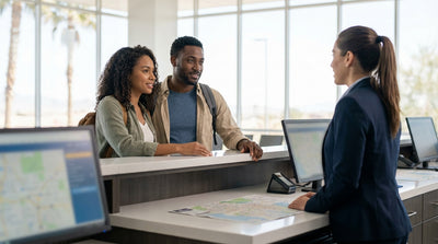 A red convertible car rental driving down the Las Vegas Strip with hotels and casinos lit up at dusk