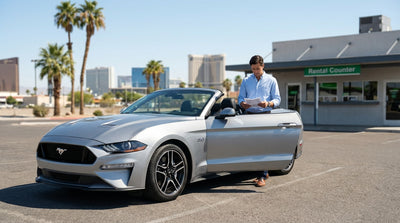 A white convertible car rental driving down the Las Vegas Strip surrounded by bright casino lights