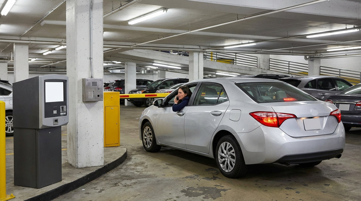 A car rental is stopped by the closed exit boom gate of an underground parking garage in New York City
