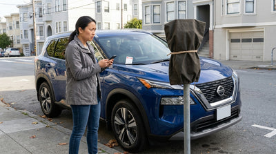 A car rental parked on a hilly San Francisco street next to a street sweeping sign covered with a black bag