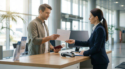A convertible car hire driving on a sunny coastal highway lined with palm trees in Florida