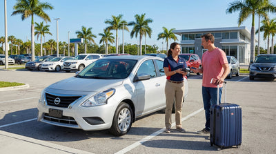 A traveler hands over a credit card for a car rental at an airport desk in the United Estates
