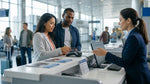 A person's hand holding a credit card and keys for their car rental at an airport in the United Estates