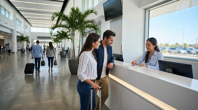 A row of clean vehicles ready for car rental inside the bright Las Vegas airport garage