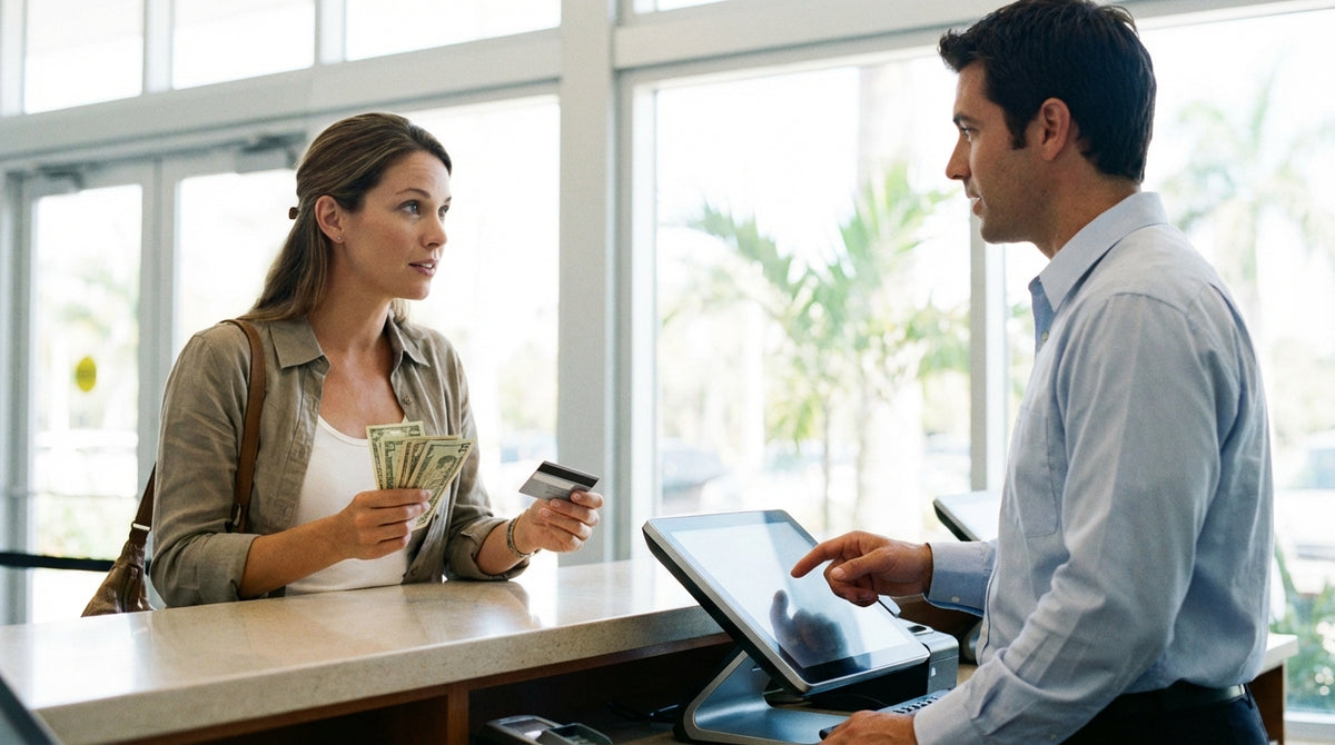 A modern sedan for car hire parked on a sun-drenched street with palm trees in Miami
