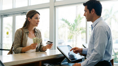 A modern sedan for car hire parked on a sun-drenched street with palm trees in Miami