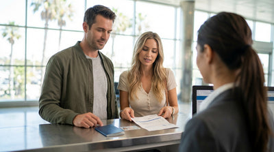 A red convertible car hire driving on a winding coastal road in Big Sur, California with the Pacific Ocean in view
