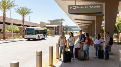 A traveler with luggage waits for the Las Vegas car rental shuttle bus outside Terminal 1 at LAS airport