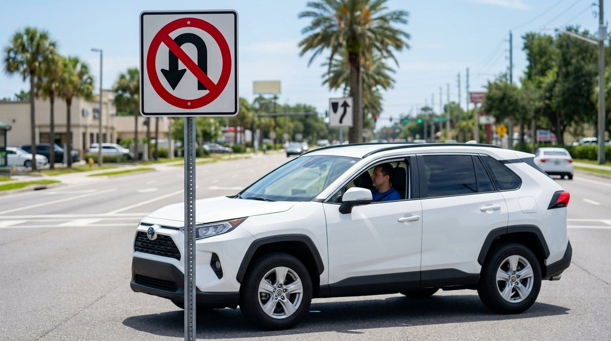 A car hire vehicle at a sunny intersection with traffic lights and palm trees in Orlando