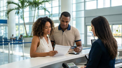A person holding the keys to their convertible car hire on a sunny Miami street with palm trees