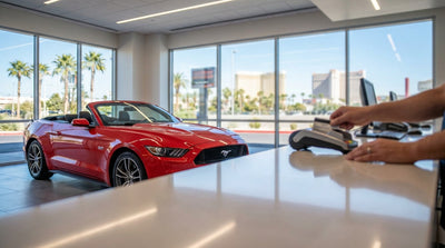 A red convertible car hire driving down the Las Vegas Strip at night, with the bright lights of casinos glowing