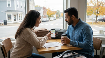 A car rental driving a scenic road through the vibrant autumn forests of upstate New York