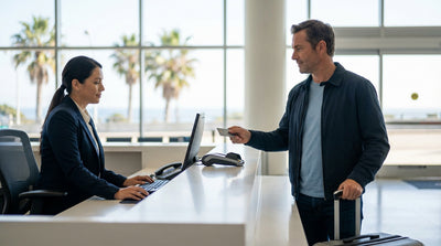 A convertible car rental drives on a winding road along the sunny California coast with blue ocean views