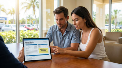 A red convertible car hire driving on a sunny coastal road lined with palm trees in Florida