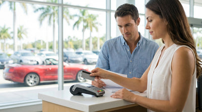 A white convertible car rental driving down a scenic road lined with palm trees in sunny Florida
