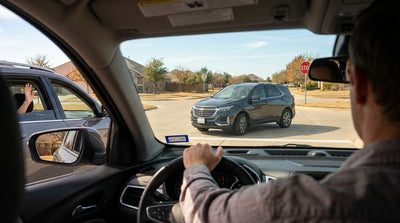 A driver in a car rental approaches a four-way stop intersection on a sunny day in Texas