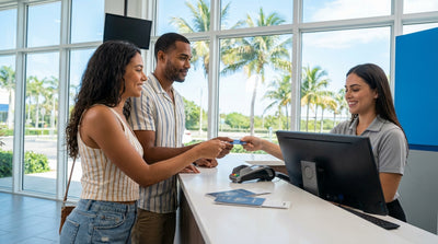 A convertible car rental driving down a sunny, palm tree-lined street in Miami