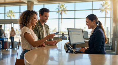 A blue convertible car hire parked on a cliff overlooking a sunny California beach and the ocean
