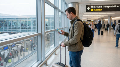 An illuminated AirTrain sign in a New York JFK airport terminal directs travelers to the car rental center
