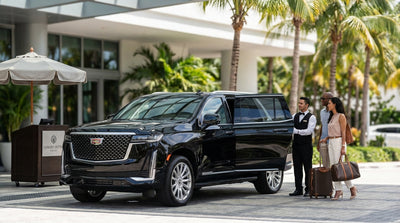 A black Cadillac Escalade car rental parked on a sunny Miami street lined with lush palm trees