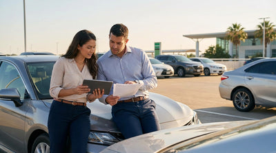 A car hire driving down an open road through the Texas Hill Country at sunset