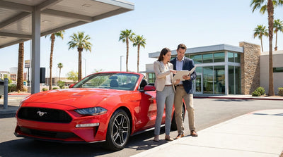 A convertible car hire driving down the Las Vegas Strip with casinos and neon lights in the background