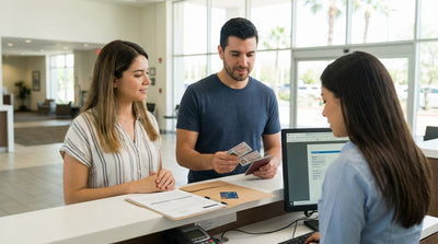 A modern white car rental driving down a palm tree-lined road on a sunny day in Orlando