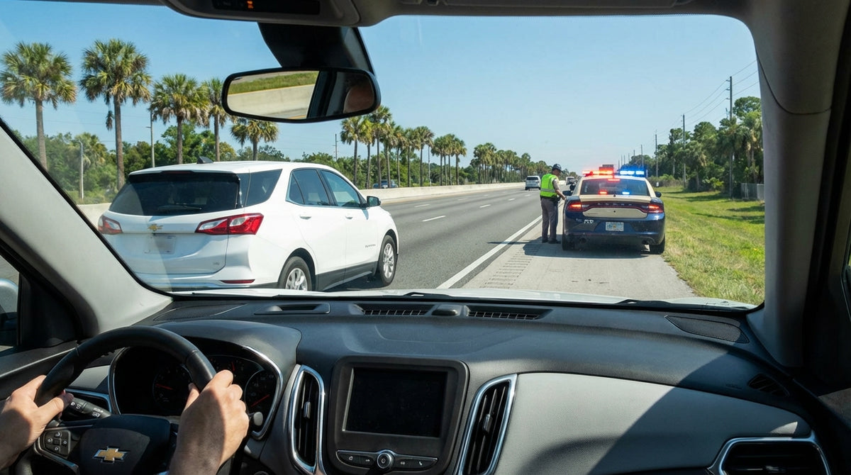 A car rental moves into the next lane on a Florida highway to pass a police cruiser stopped with its emergency lights on