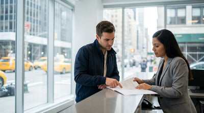 A modern car rental driving through the busy, sunlit streets of Manhattan, New York with skyscrapers in the background
