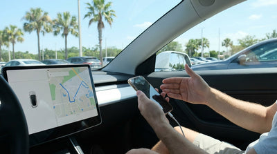 A person sets up a map on their phone inside an Orlando car rental with a sunny street in the background