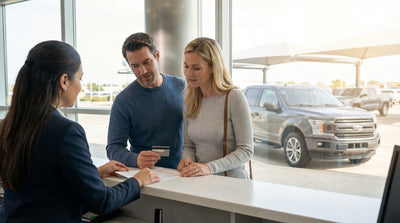 A person at a car hire counter in Texas handing their debit card to an agent for a vehicle pickup