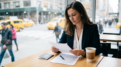 A person driving a car rental across the Brooklyn Bridge with the New York City skyline in the background