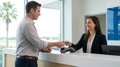 A traveler uses a business debit card to pay at a car hire counter inside the Orlando airport
