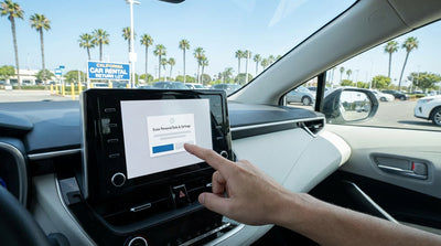A driver uses the touchscreen of a modern car hire parked overlooking a sunny California beach and the ocean