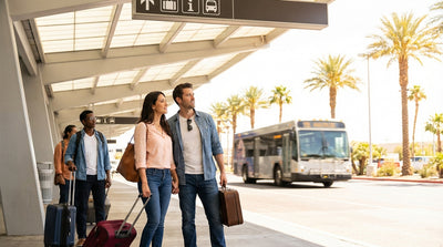 A white car rental shuttle bus waits for passengers at the curb of the busy Las Vegas airport Terminal 1