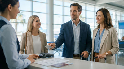 A person at an airport counter completes their car hire paperwork for a trip in Miami
