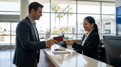 A red convertible car hire driving down a sunny, palm-lined street in Los Angeles
